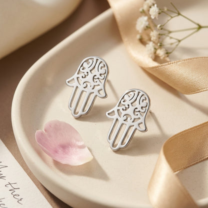 Zilverkleurige Hamsa Oorstekers RVS – Handje van Fatima Knopjes (10x7mm)