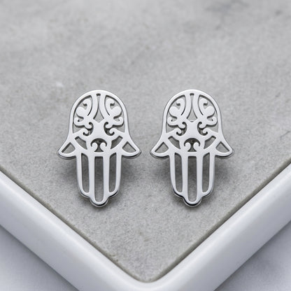 Zilverkleurige Hamsa Oorstekers RVS – Handje van Fatima Knopjes (10x7mm)
