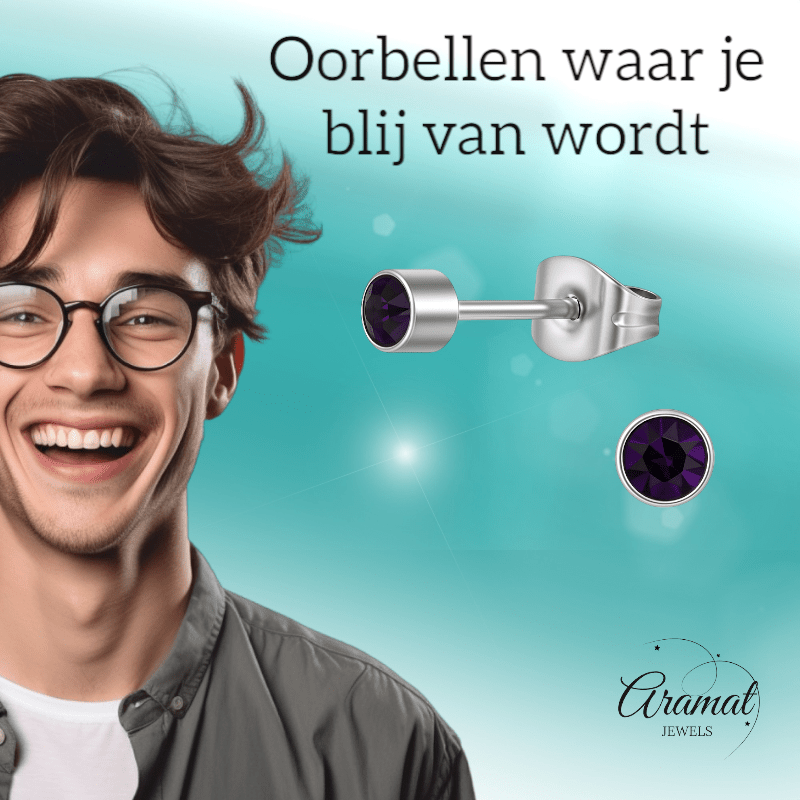 Amethist paarse kristal oorstekers – 4mm RVS - Aramat Jewels - Oorbellen - cadeautip
