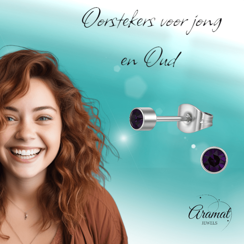 Amethist paarse kristal oorstekers – 4mm RVS - Aramat Jewels - Oorbellen - cadeautip