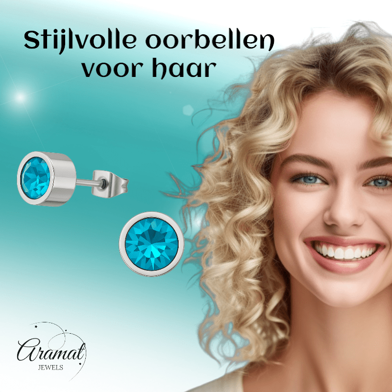 Aqua blauwe kristal oorstekers – 5mm zilver RVS - Aramat Jewels - Oorbellen - cadeautip