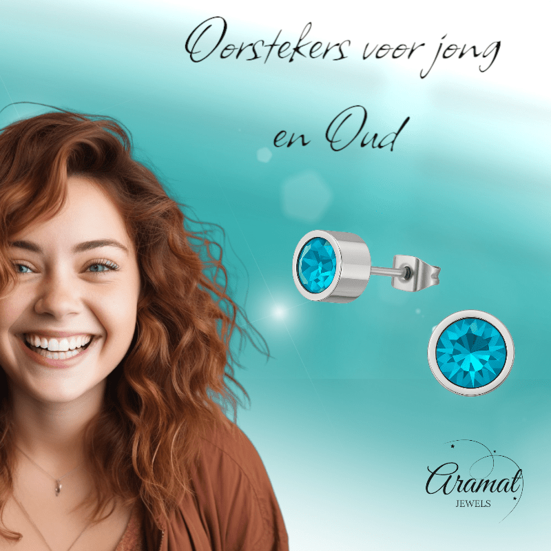 Aqua blauwe kristal oorstekers – 5mm zilver RVS - Aramat Jewels - Oorbellen - cadeautip