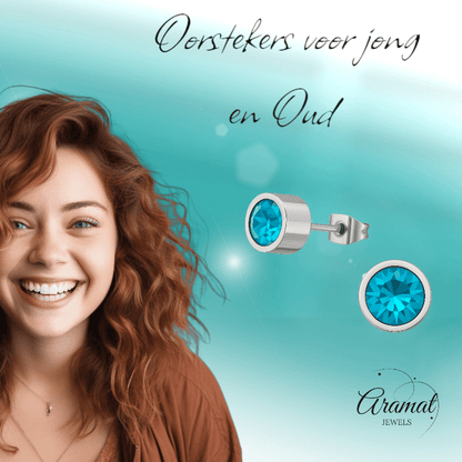 Aqua blauwe kristal oorstekers – 5mm zilver RVS - Aramat Jewels - Oorbellen - cadeautip