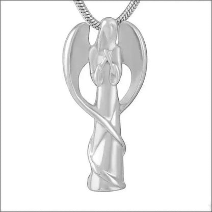 Aramat Jewels silver-colored stainless steel angel cremation pendant with wings, a symbol of protection and comfort.