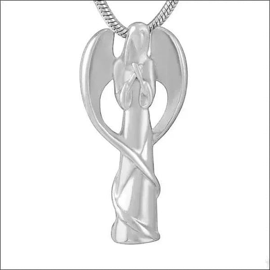 Aramat Jewels silver-colored stainless steel angel cremation pendant with wings, a symbol of protection and comfort.