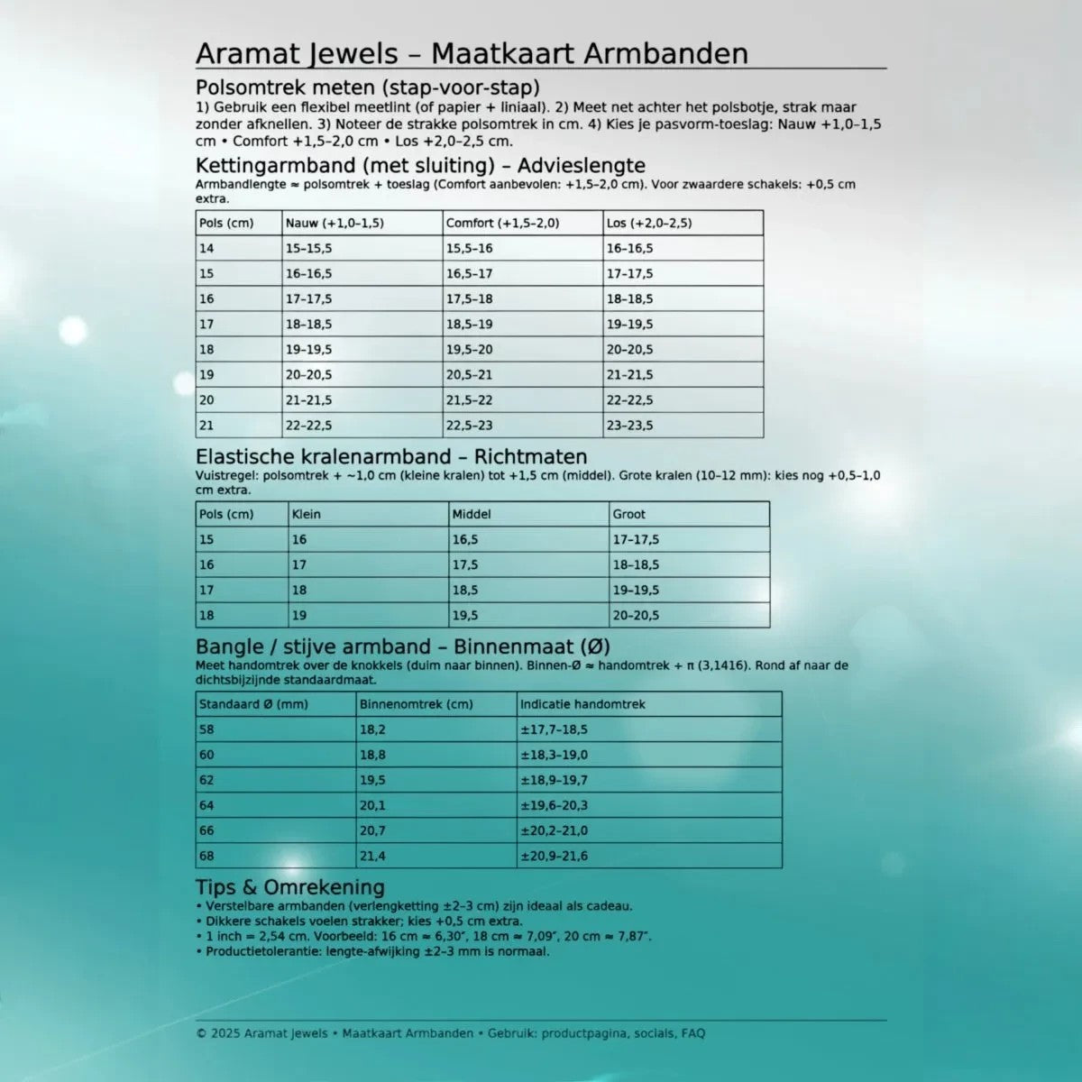 Aramat Jewels maattabel voor armbanden met instructies voor polsomtrek, kettingarmbanden en bangle maten.