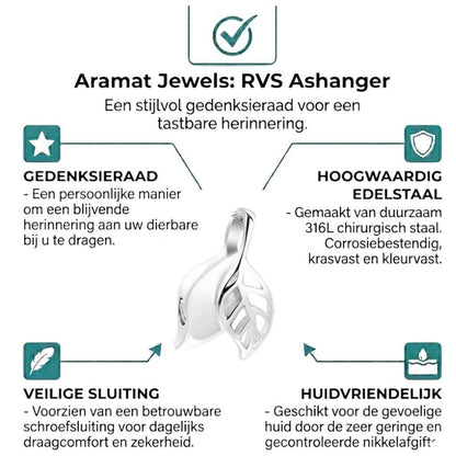 Aramat Jewels ashanger in zilverkleurig RVS met twee blaadjes, 20x15 mm. Een betekenisvol rouwaccessoire.