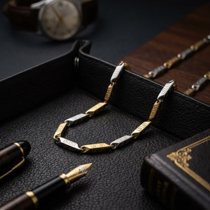 Aramat Jewels stalen bicolor bamboo ketting met Grieks motief op een zwarte lederen ondergrond met vulpen en horloge.