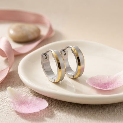 Aramat Jewels bicolor stainless steel hoop earrings (16mm) with gold accents, displayed on a white dish with pink petals and ribbon.