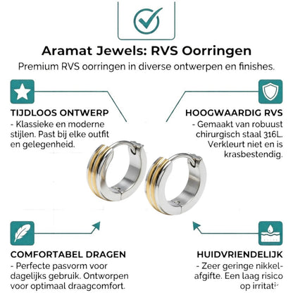 Aramat Jewels small bicolor stainless steel hoop earrings with gold stripes, 13x4mm, glossy finish.