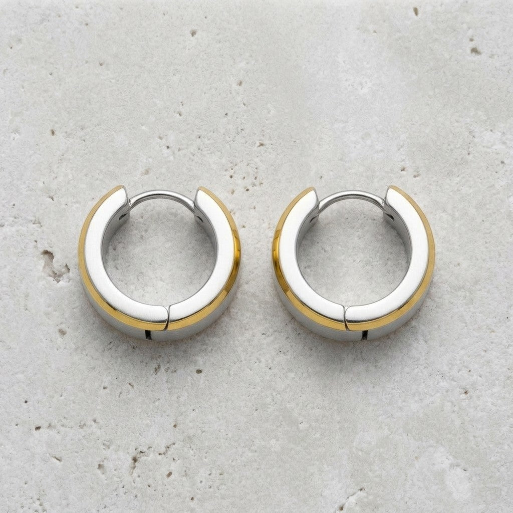 Aramat Jewels bicolor stainless steel hoop earrings with a wide silver stripe, 13mm.