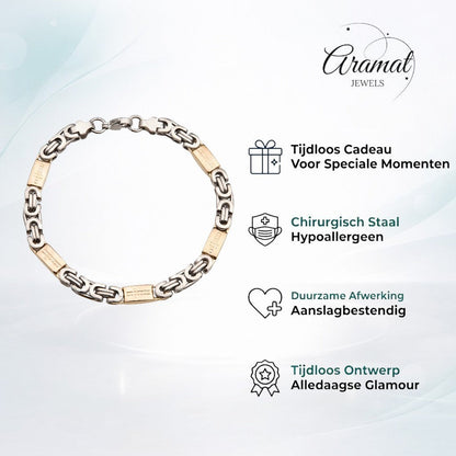 Aramat Jewels bicolor stalen konings armband met kruisjes motief, 7mm breed en 22cm lang, zilverkleurig en goudkleurig.