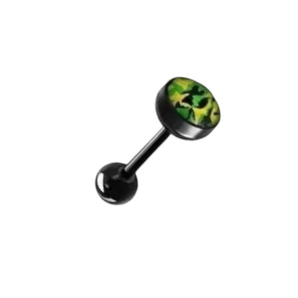 Aramat Jewels black bioplast tongue piercing with a green and yellow patterned top. Features a black bar and ball.