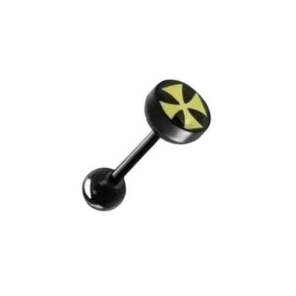 Aramat Jewels black bioplast tongue piercing with a yellow cross logo design. Comfortable for daily wear.