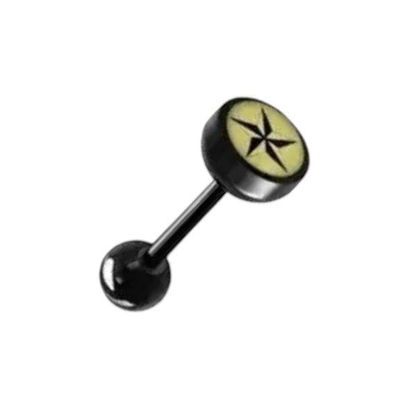 Aramat Jewels black bioplast tongue piercing with a yellow star logo design. Comfortable for daily wear.