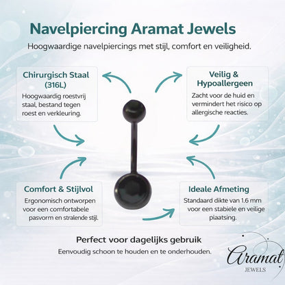 Aramat Jewels black surgical steel navel piercing with two cubic zirconia stones, 25mm length.