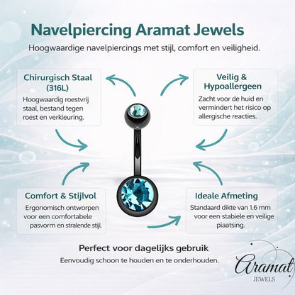 Aramat Jewels black surgical steel navel piercing with a light blue zirconia stone.