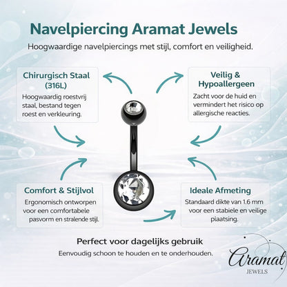 Aramat Jewels black surgical steel navel piercing with two clear cubic zirconia stones.