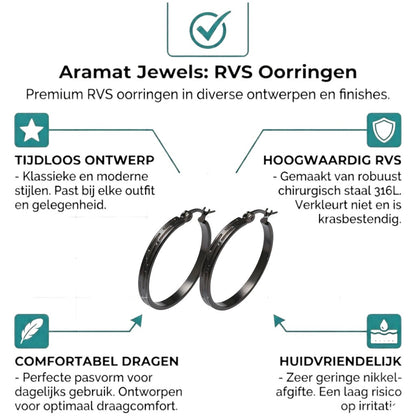 Aramat Jewels black stainless steel hoop earrings with a striped motif and 30mm diameter.