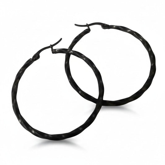 Aramat Jewels black twisted stainless steel hoop earrings, 40mm diameter, high gloss finish.
