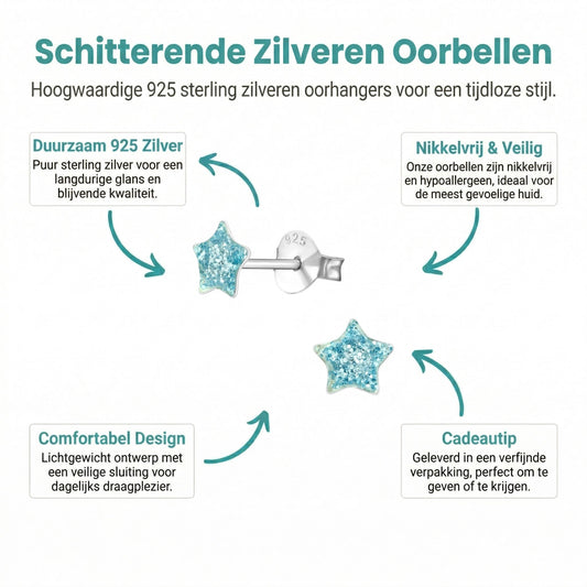 Aramat Jewels small blue glitter star stud earrings, 5mm, made of sterling silver.