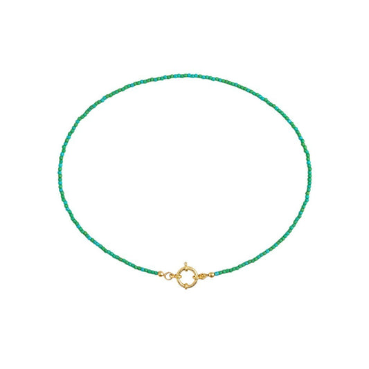 Aramat Jewels beaded necklace with blue and green rocaille beads and a gold clasp, 42cm length.