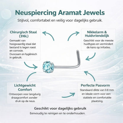 Aramat Jewels silver steel L-shaped nose piercing with a round blue zirconia stone.
