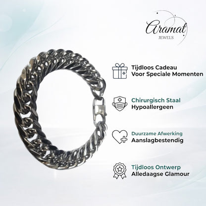 Aramat Jewels brede stalen gourmet schakel armband 14mm zilverkleurig