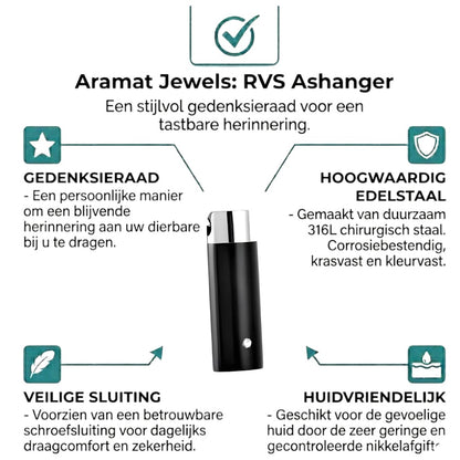 Aramat Jewels Buis ashanger in zilver en zwart RVS met zirkonia steen. Modern gedenksieraad.