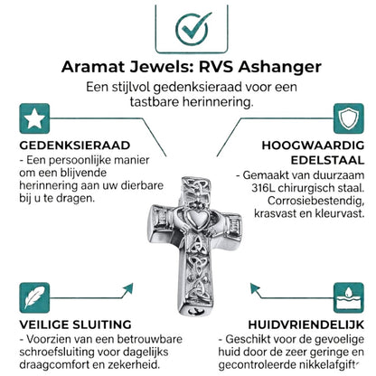 Aramat Jewels silver-tone Celtic cross cremation pendant with intricate knotwork and Claddagh design, 40x25mm.