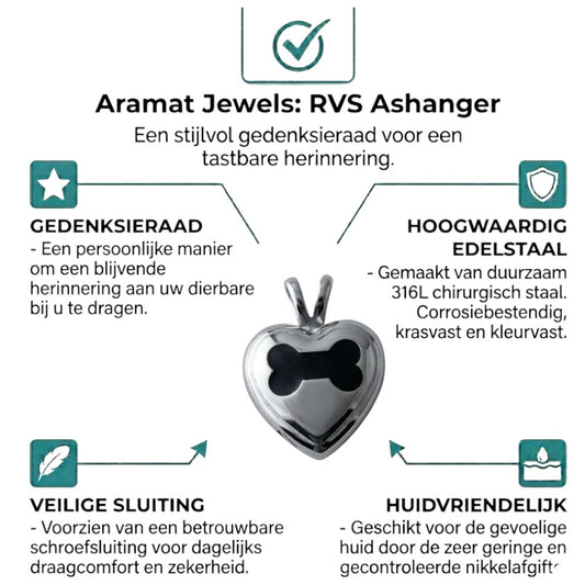 Aramat Jewels zilverkleurige stalen crematiehanger in hartvorm met bot-detail. Schroefsluiting, zonder ketting.