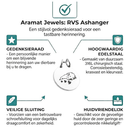 Aramat Jewels silver stainless steel dog cremation pendant with a cute puppy design and paw prints, 2.5cm, on a 50cm snake chain.