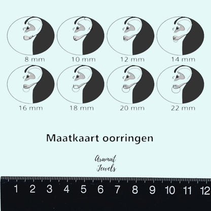 Aramat Jewels size chart for earrings showing different diameters from 8mm to 22mm with a ruler at the bottom.