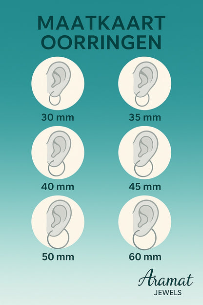 Aramat Jewels size chart for earrings, showing different sizes from 30mm to 60mm with illustrations of hoops on ears.