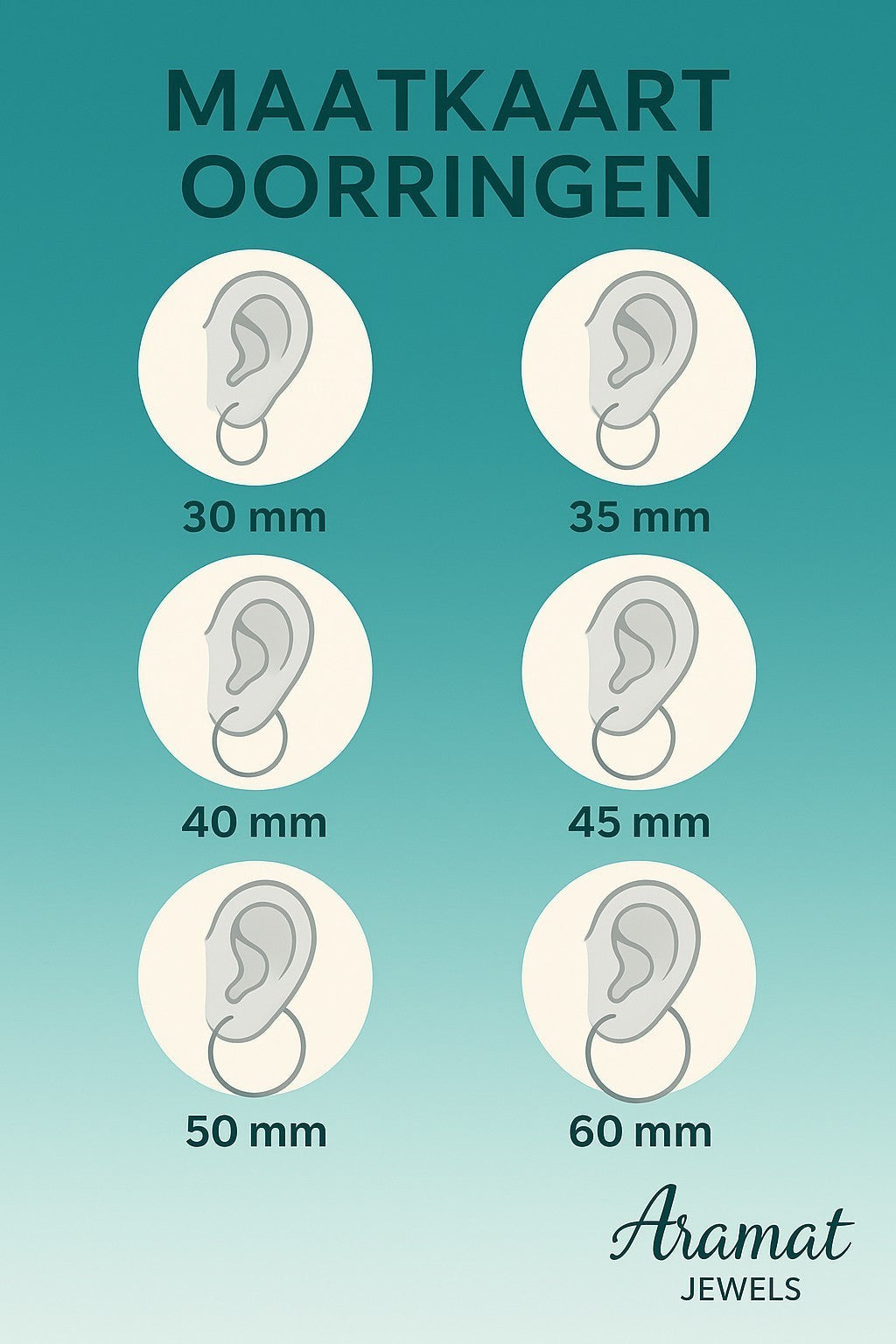 Aramat Jewels size chart for hoop earrings, showing different sizes from 30mm to 60mm.
