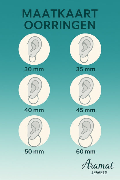 Aramat Jewels size chart for hoop earrings, showing different sizes from 30mm to 60mm.