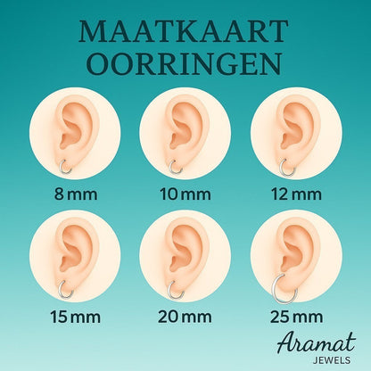 Aramat Jewels size chart for hoop earrings, showing 8mm, 10mm, 12mm, 15mm, 20mm, and 25mm sizes on ear models.