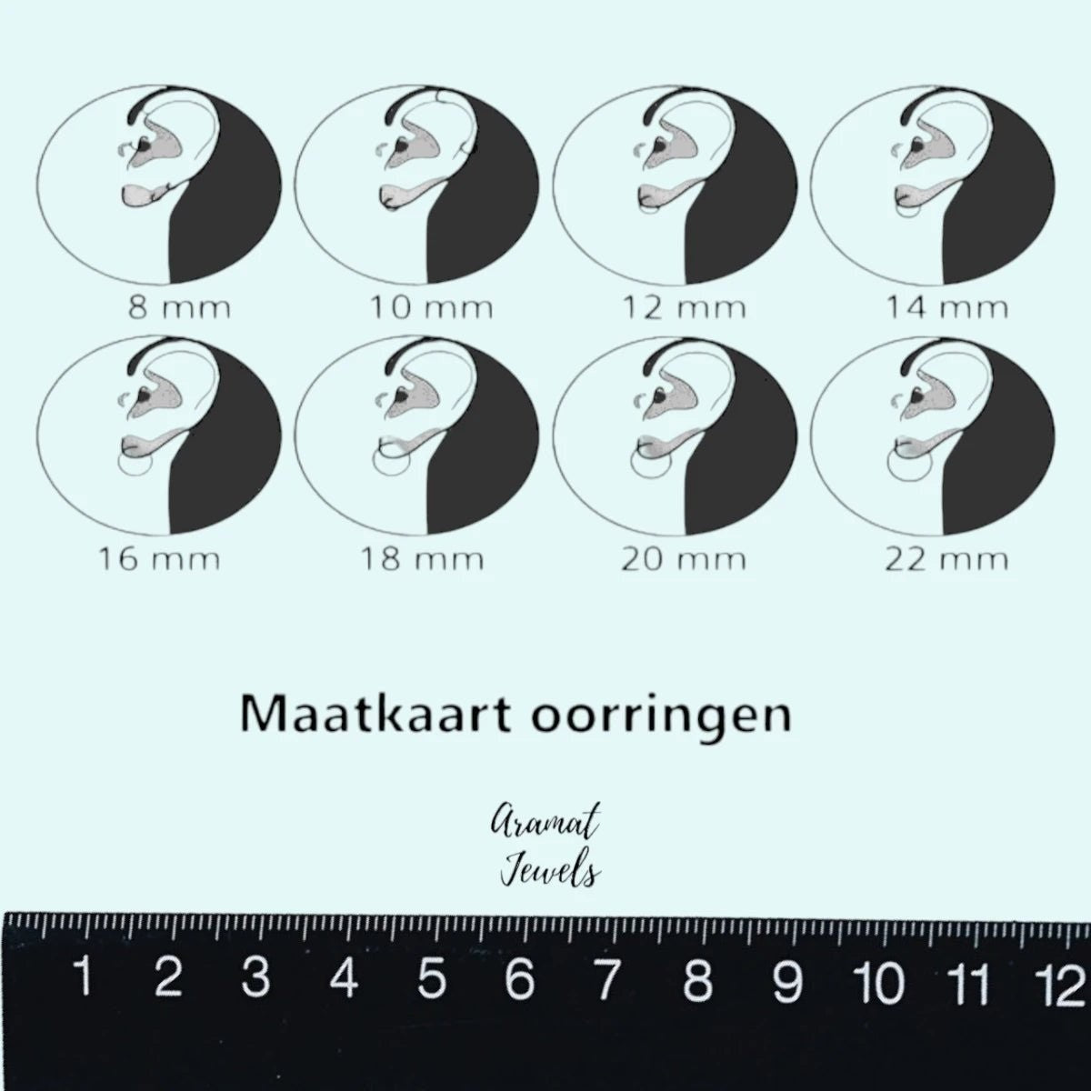 Aramat Jewels size chart for earrings showing different diameters from 8mm to 22mm, with a ruler at the bottom.