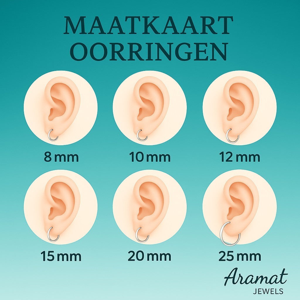Aramat Jewels size chart for silver-colored stainless steel hoop earrings, showing sizes 8mm to 25mm on ears.