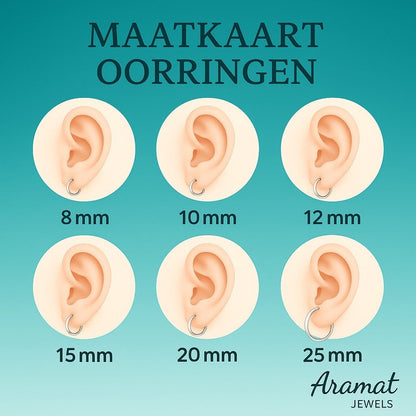 Aramat Jewels size chart for silver-colored stainless steel hoop earrings, showing sizes 8mm to 25mm on ears.