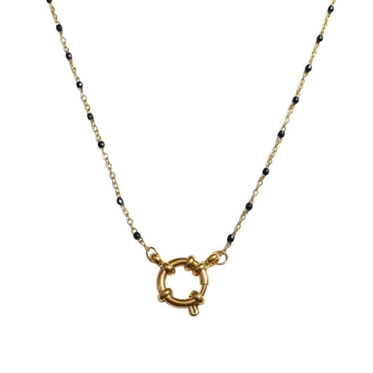Aramat Jewels gold chain necklace with small black enamel beads and a circular clasp.