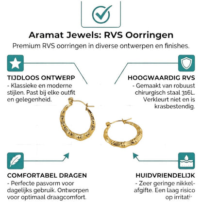 Aramat Jewels gold-coloured stainless steel hoop earrings with a bone-structure texture, 25mm diameter.