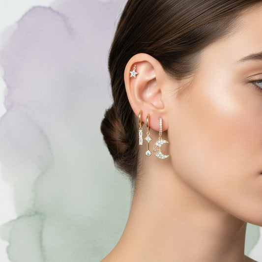 Aramat Jewels gold plated hoop earrings set with celestial charms: moon, star, planet, and geometric shapes, adorned with clear cubic zirconia.