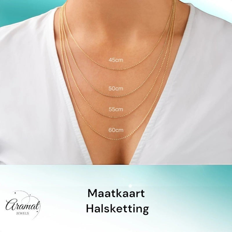 Aramat Jewels gold-tone chain necklace with size guide labels: 45cm, 50cm, 55cm, 60cm.