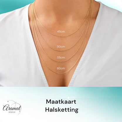 Aramat Jewels gold-tone chain necklace with size guide labels: 45cm, 50cm, 55cm, 60cm.