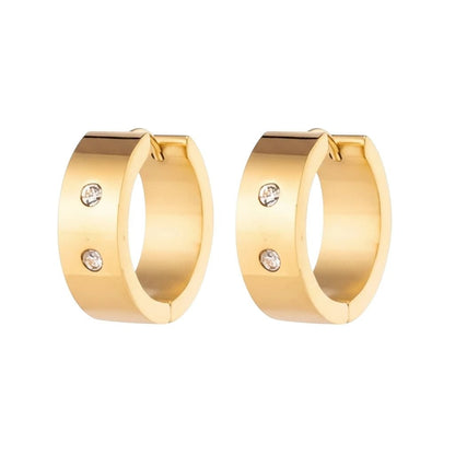 Aramat Jewels gold-tone stainless steel hoop earrings with two clear cubic zirconia stones on each.
