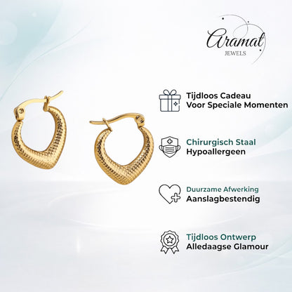 Aramat Jewels gold-colored stainless steel drop-shaped hoop earrings with a diamond pattern texture, 20x20mm.