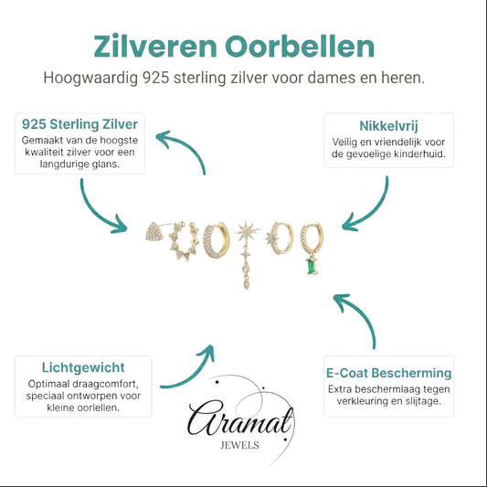 Aramat Jewels gold-tone 925 silver earring set with clear and green cubic zirconia, featuring hoops, studs, and charms.