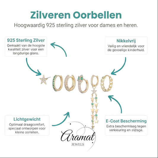 Aramat Jewels set of 5 gold-tone earrings: star stud, green gem huggie, pave huggie, snake with green gem eyes, and chain link hoop with star and green gem drop.