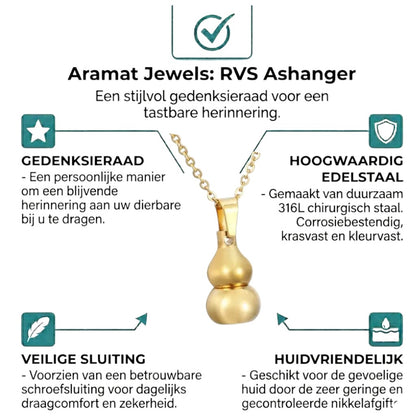 Aramat Jewels gold-colored stainless steel gourd-shaped ash pendant, 3x1.4cm, with a screw closure.